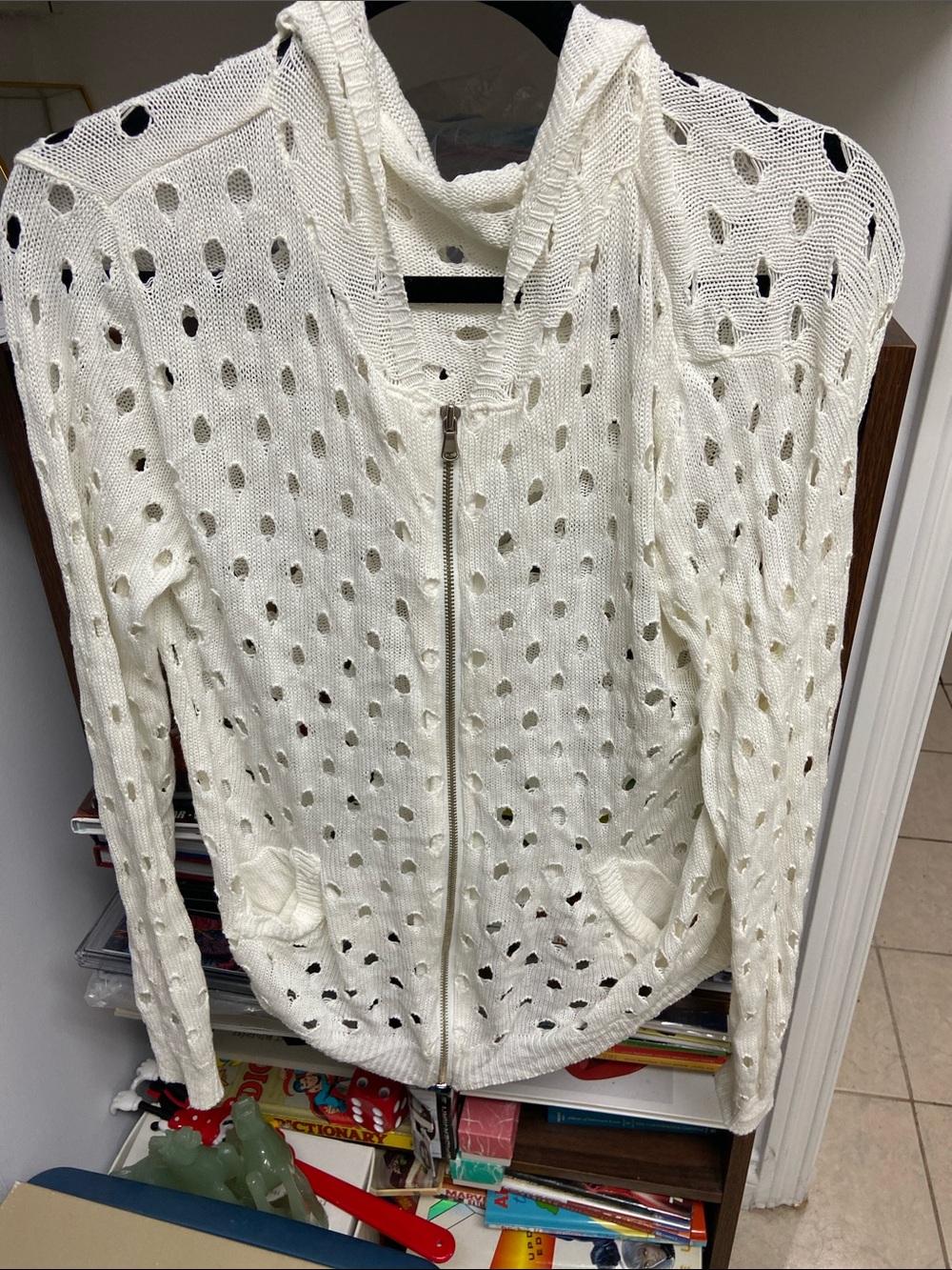 Korean Design Cream Zip-Up Open โHolesโ Knit Hoodie Sweater